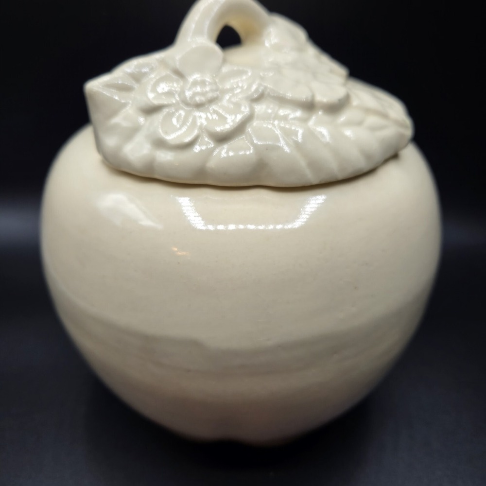 Vintage Pottery Canister Jar with Embossed Flowers on Lid UNIQUE & RARE